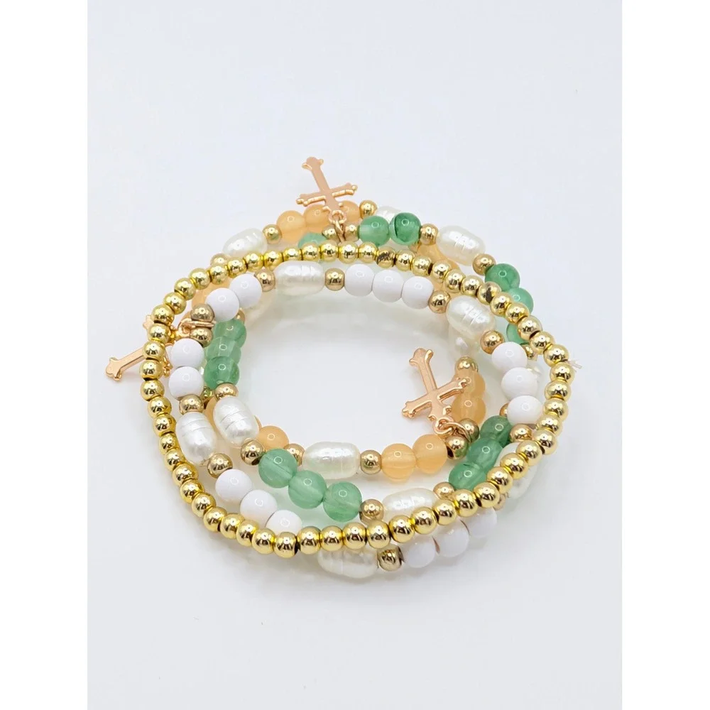 Christian Cross Beaded Stretch Bracelet Stack 4pc Faux Pearl Gold Tone Charms